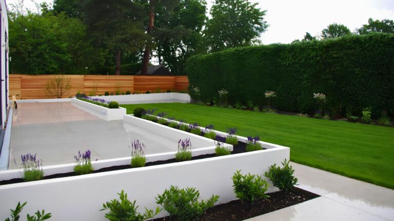 St Albans contemporary family garden, Hertfordshire — clean lines and raised planters