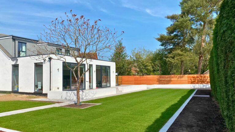 St Albans contemporary family garden, Hertfordshire — wide view of the completed garden