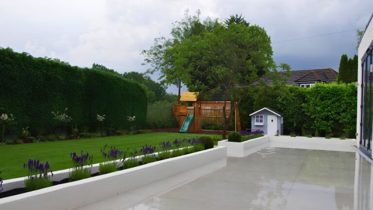 St Albans contemporary family garden, Hertfordshire — wide view of the completed garden