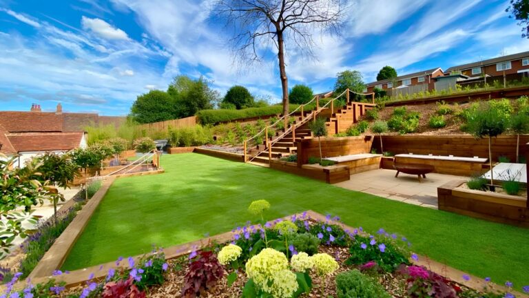 Whitwell hillside garden, Hertfordshire — wide view of the completed garden