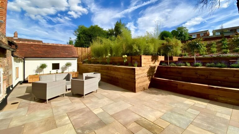 Whitwell hillside garden, Hertfordshire — the new patio and garden extension