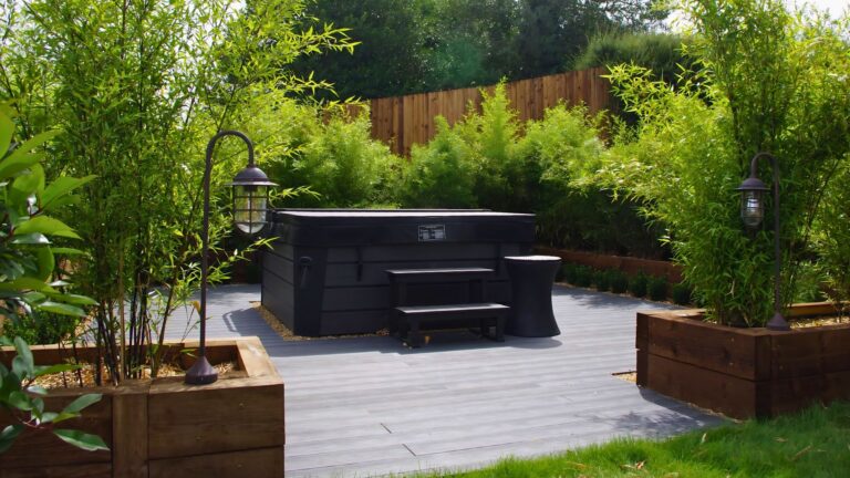 Whitwell hillside garden, Hertfordshire — the hot tub area