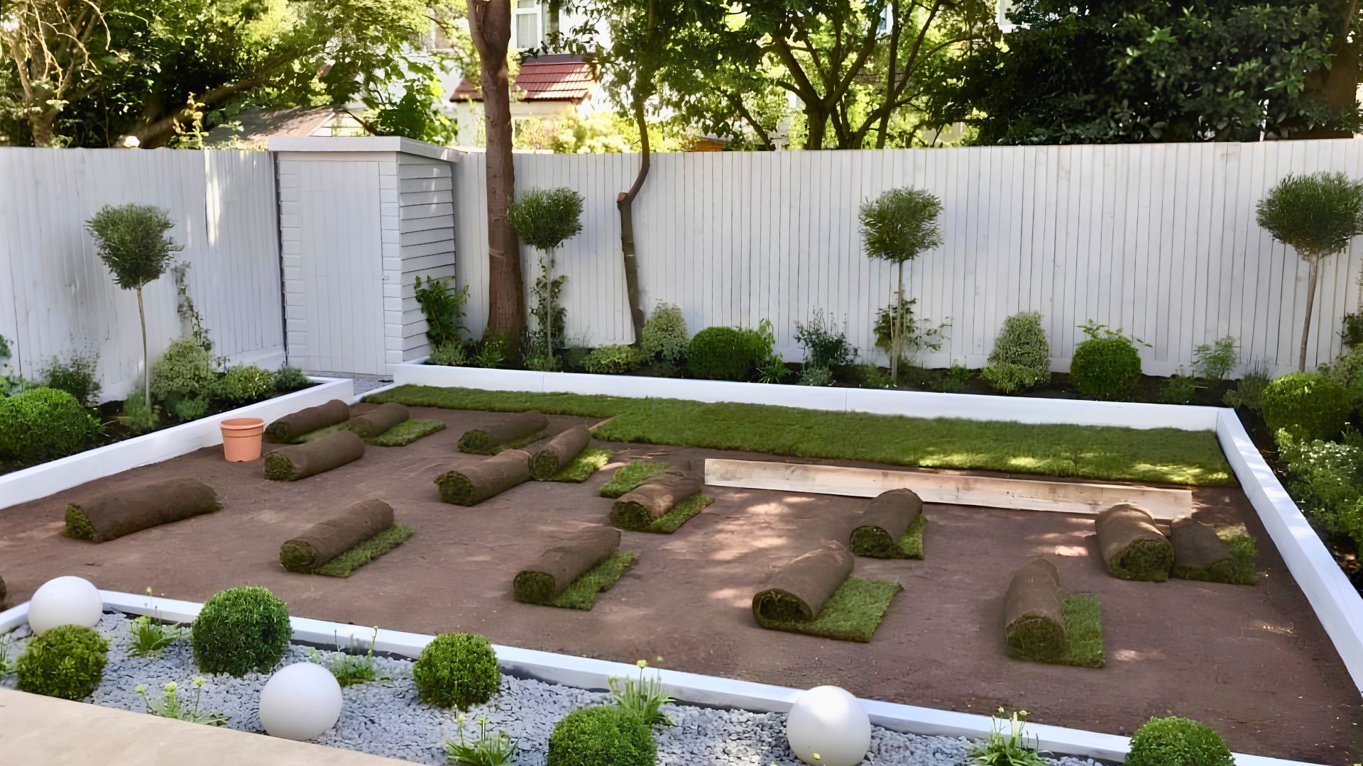 Garden landscaping during construction — turf laying stage